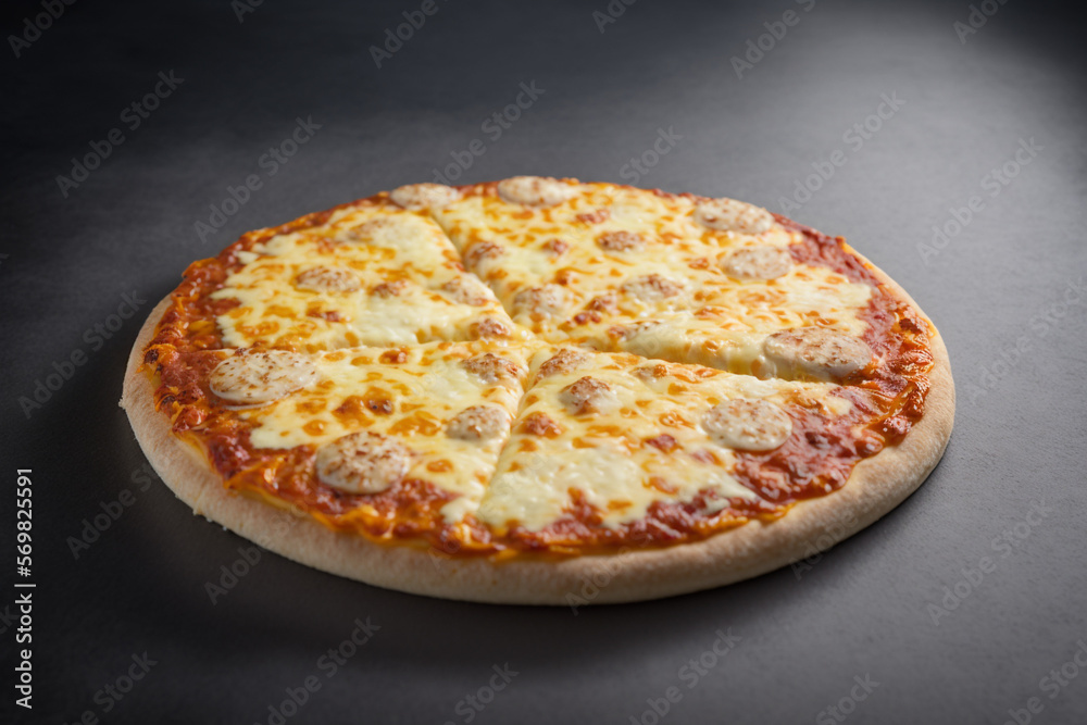 Crispy and Cheesy Pizza on a Wooden Board Crispy and Cheesy Pizza on a Wooden Board