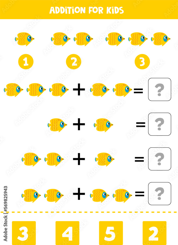 Addition for kids with cute butterfly fish. Addition for kids with cute butterfly fish.