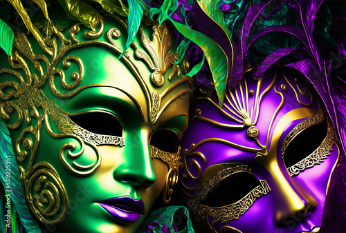 Colorful Mardi Gras Masks On Black. Generative AI © Zelma