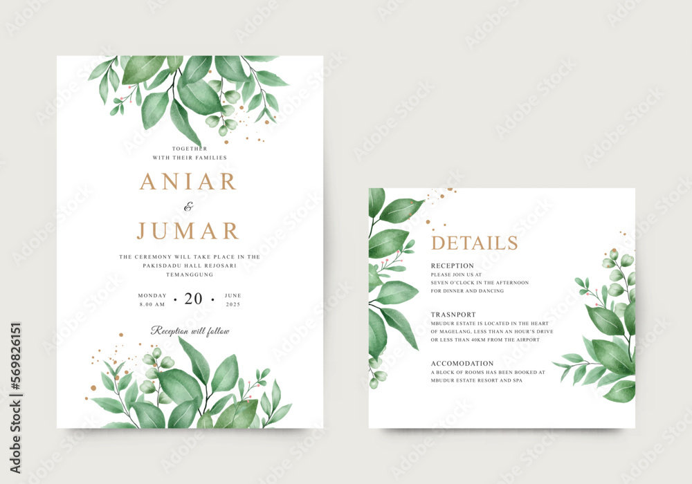 Elegant green foliage watercolor wedding invitation template