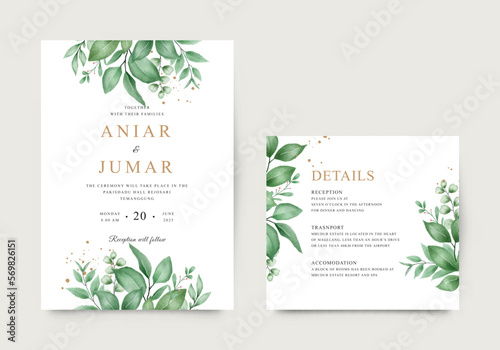 Wallpaper Mural Elegant green foliage watercolor wedding invitation template Torontodigital.ca