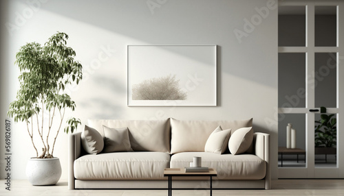 modern interior living room with landscape frame on top of sofa. generative ai