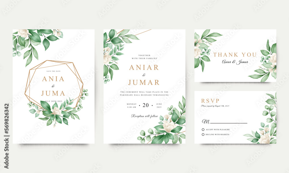 Elegant wedding invitation with watercolor flowers and leaves