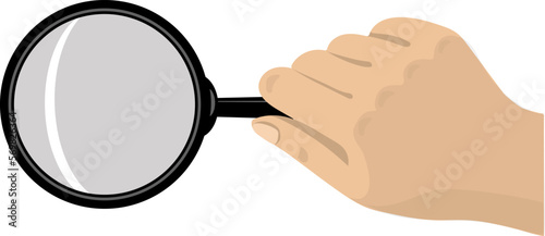 The human hand holds a magnifying glass horizontally. Magnifier with handle for reading and observing small objects. Cartoon.
