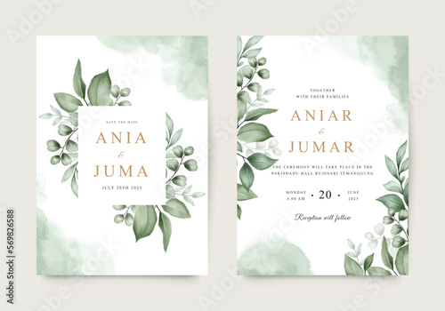 Elegant wedding invitation with watercolor green leaves