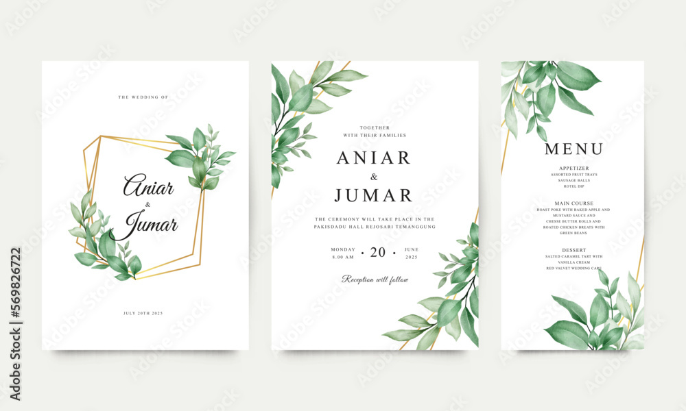 Set of wedding invitations with watercolor green leaves