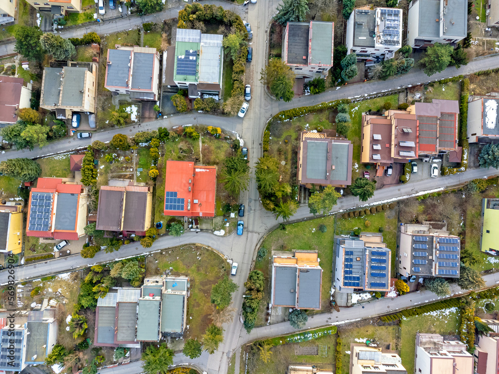 Aerial view landscape. Buildings, houses, bungalow estate, roofs and streets.