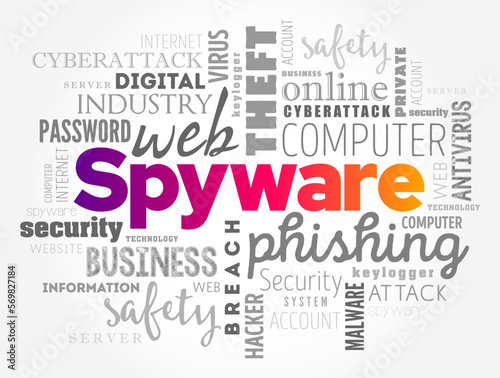 Spyware is software with malicious behaviour that aims to gather information about a person or organization, word cloud concept background