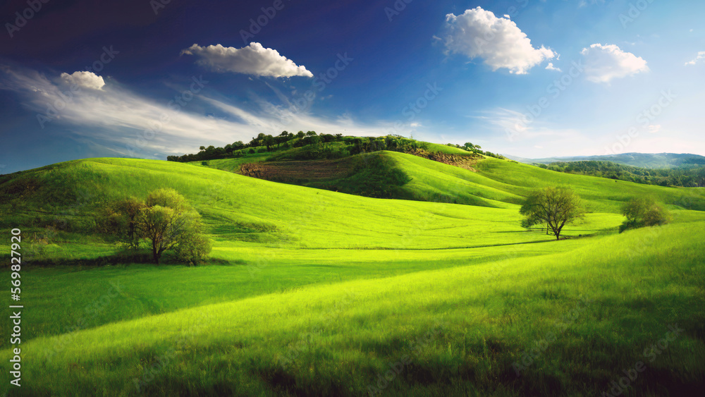 Spring landscape with green grass and blue sky. Grassland, hills and trees. Generative AI