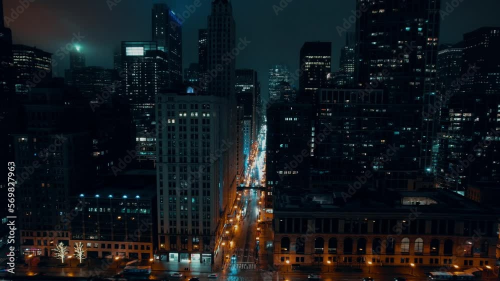 futuristic aerial of chicago night time 4k. Covered by mist after got rained. Cyan moody feel futuristic aerial of chicago night time 4k. Covered by mist after got rained. Cyan moody feel