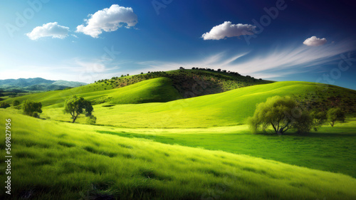 Spring landscape with green grass and blue sky. Grassland, hills and trees. Generative AI