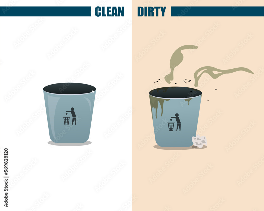 Clean and dirty recycle bin can be used in awareness drive graphics or