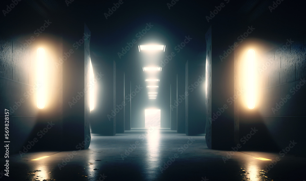 White lights in a dark underground tunnel, concrete walls with metal structures