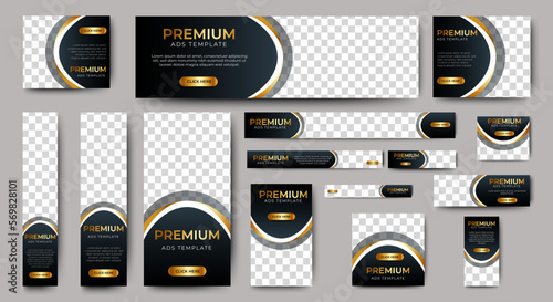 Black and gold Banner templates set with standard size for web. Business banner with place for photos for Social Media, Cover ads banner, flyer, invitation card. 