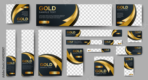 Black and gold Banner templates set with standard size for web. Business banner with place for photos for Social Media, Cover ads banner, flyer, invitation card.	