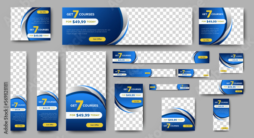 Abstract banner design web template Set, Horizontal header web banner. Modern Gradient Blue cover header background for website design, Social Media Cover ads banner, flyer, invitation card
