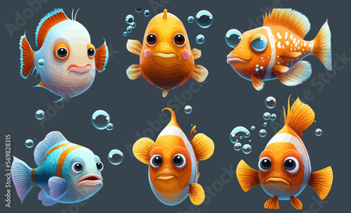 Set of cute vector cartoon fish for aquarium. A beautiful template for game. Flat cartoon illustration isolated on background. Vector