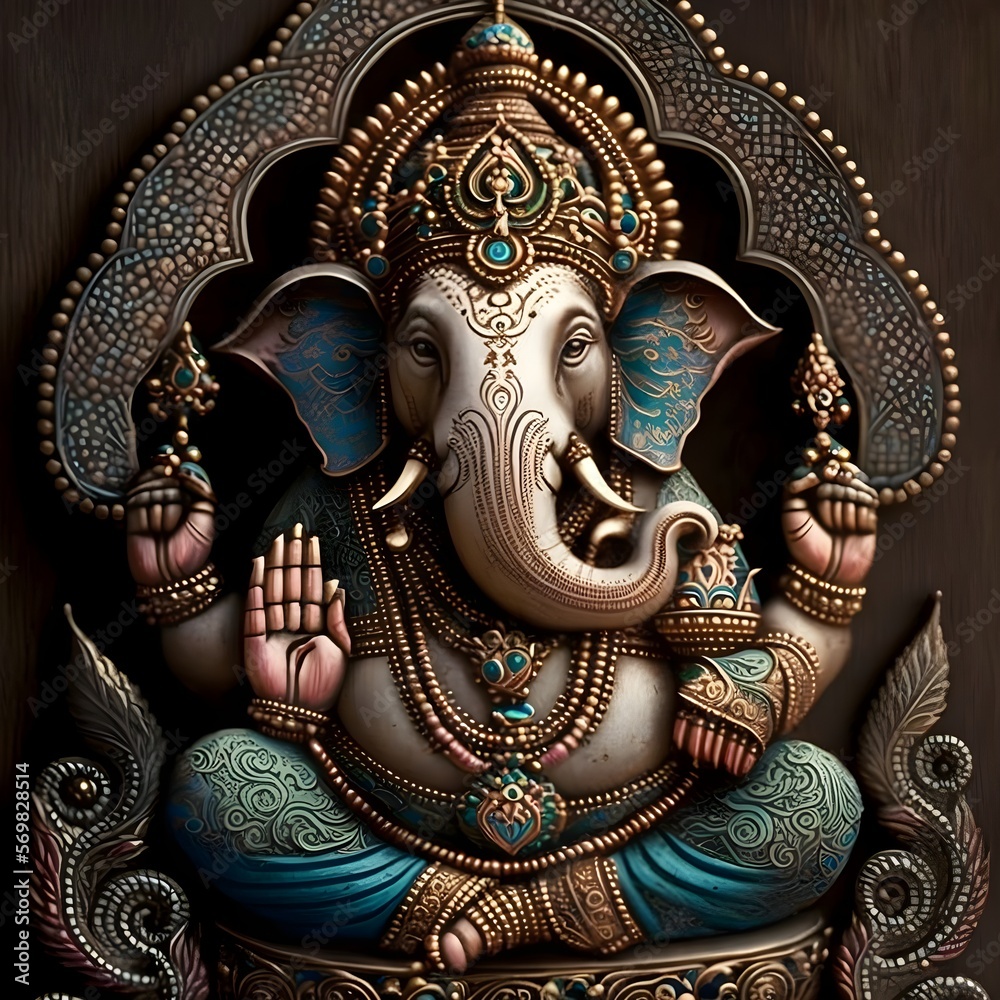 Lord Ganesha, the celebration of Ganesh. Indian hindu god ganesha, antique colorful inlay art - obrazy, fototapety, plakaty 