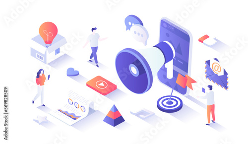 Digital Marketing, social network and media communication. Analysis, targeting, management. Isometry illustration with people scene for web graphic.