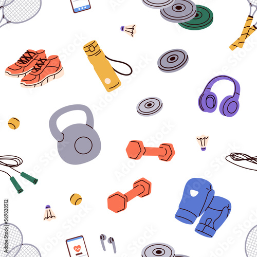 Seamless sport pattern with gym, fitness equipment. Background, texture design, dumbbell, water bottle, workout stuff, supplies. Repeating print with kettlebells. Flat vector illustration for fabric