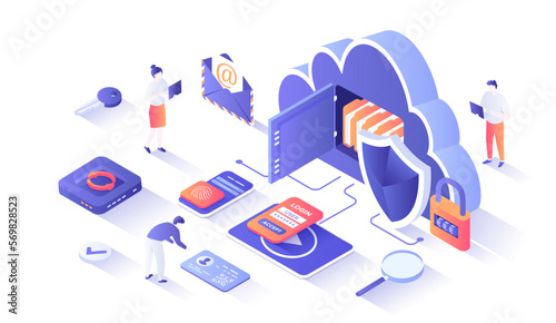 Cloud Security and Data Protection. Online safety, confidentiality of information. Cloud storage, password, lock, personal identification. Isometry illustration with people scene for web graphic.