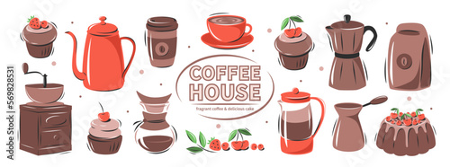 Set of coffee elements. Coffee maker, French press, pot, coffee maker, coffee grinder, cup, cake. Collection vector illustrations for cafe menu and restaurant, card, sticker kit.