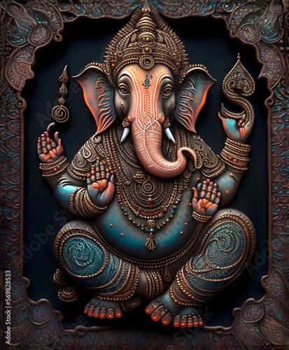 Lord Ganesha, the celebration of Ganesh. Indian hindu god ganesha, antique colorful inlay art photo