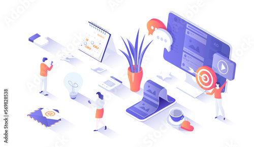 Social Media Content. Marketing strategy to attract users attention. Viral Marketing and Social Media Sharing. Isometry illustration with people scene for web graphic.