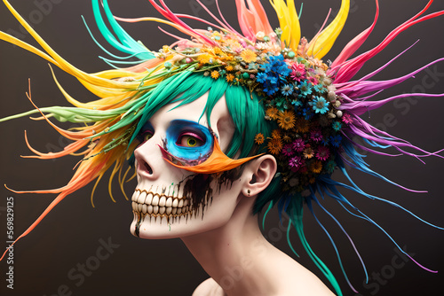 Dark fantasy design, painted human skull and lush bunch of flowers on colorful background, AI generated photo