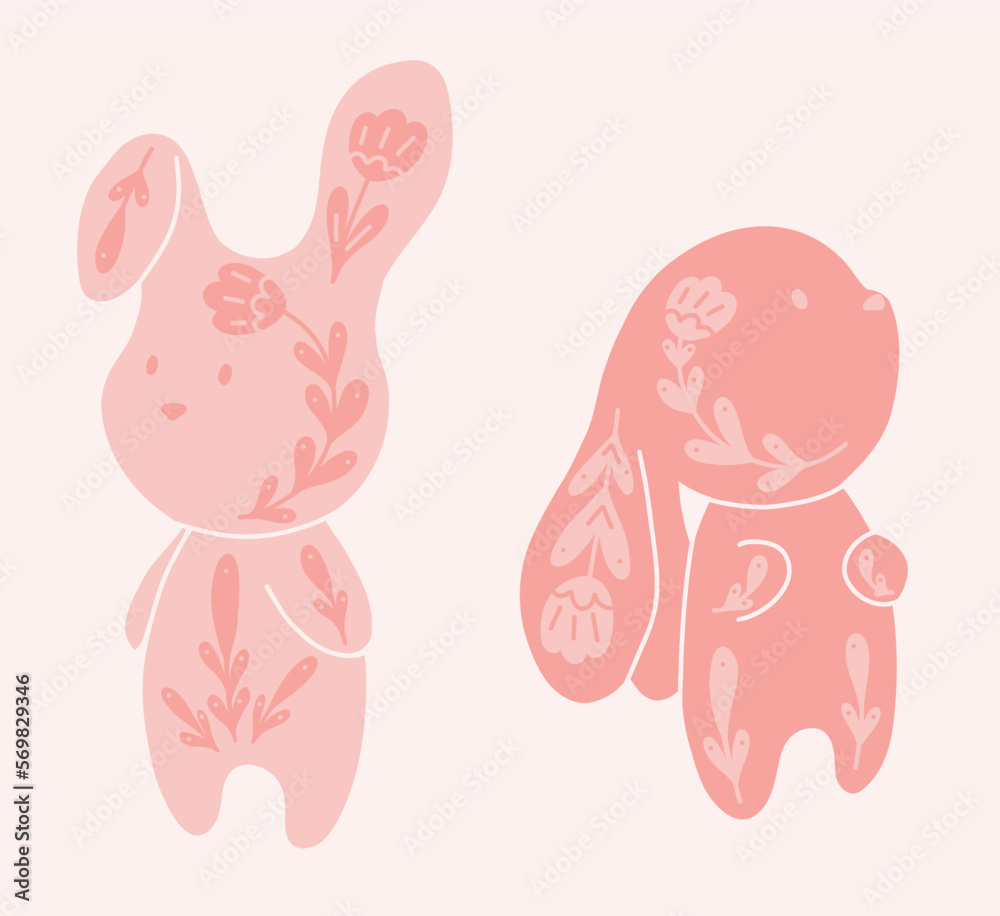 Vector set of cute decorated rabbits. Collection with cartoon pink hares with floral pattern. Vector set of cute decorated rabbits. Collection with cartoon pink hares with floral pattern.