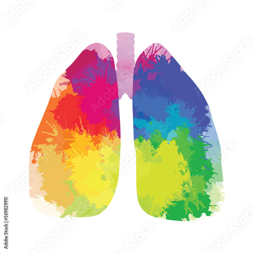 Rainbow watercolor illustration of human lungs isolated from background. Paint drawing human body organ with colorful splashes and sprays.
