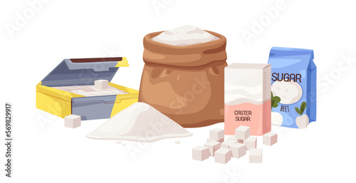 Beet granulated, refined and caster sugar packed in different packages. Sweet pieces, cubes in box, crumbs pile, heap in paper bag, sack. Flat cartoon vector illustration isolated on white background