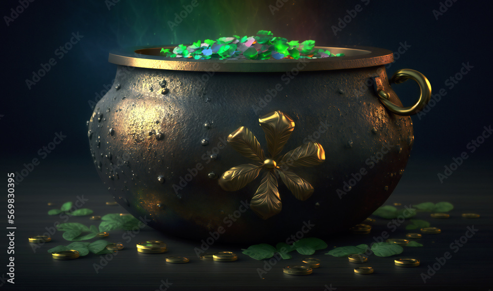 St. Patrick's Day treasure: pot of gold, clover and rainbow