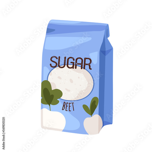 Beet sugar packed in paper bag. Sweet granulated ingredient in package. Beetroot crystals sweetener. Flat cartoon vector illustration isolated on white background