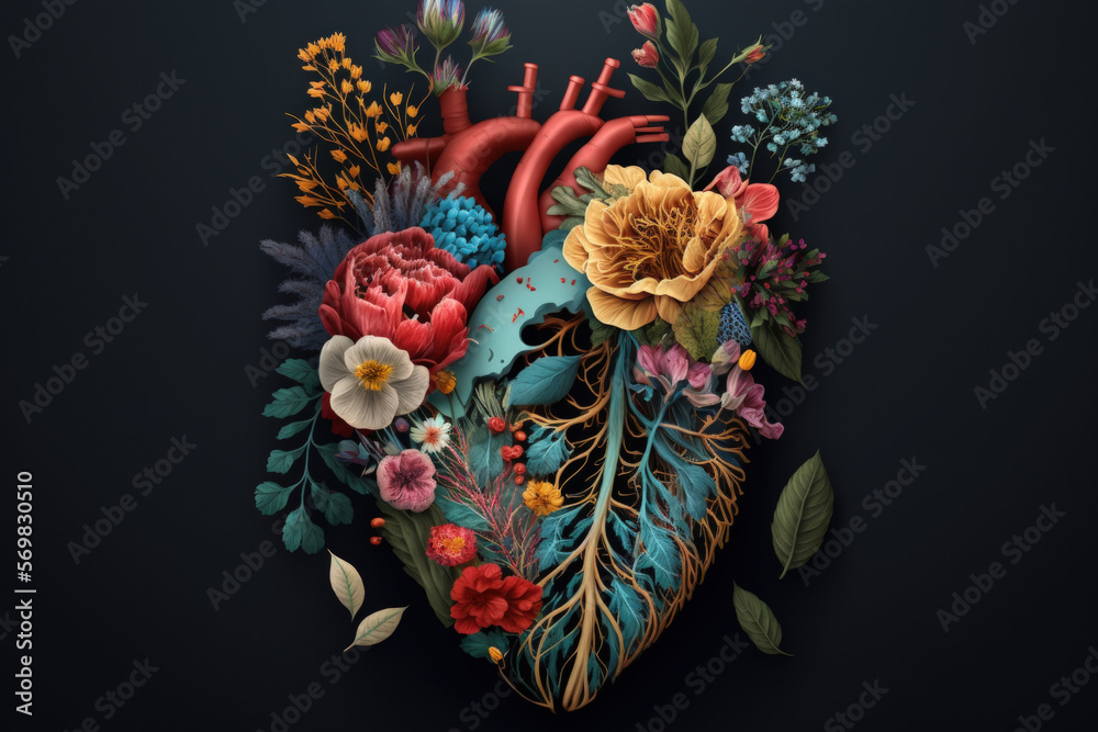 Human heart with flowers, love and emotion concept, good hearted person, help and charity. Generative AI