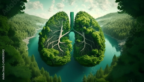 Green lungs of planet Earth 3d rendering of a clean lake