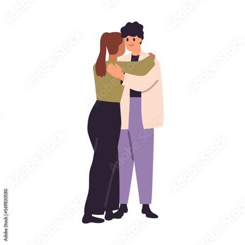 Interracial love couple hugging. Young biracial man and woman in romantic relationship. Enamored girl and guy standing and embracing together. Flat vector illustration isolated on white background