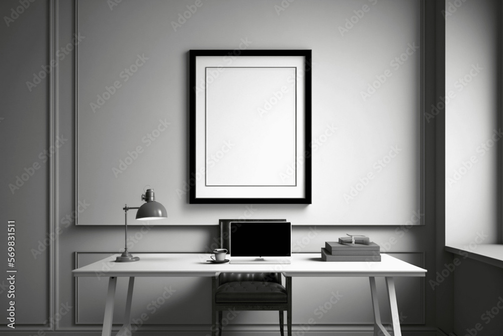 Clean office desk with photo frame on center Clean office desk with photo frame on center