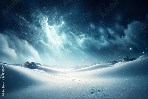 Winter background, sparkling falling snow against a dark blue sky and white snowdrifts