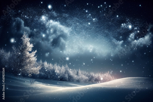Winter background, sparkling falling snow against a dark blue sky and white snowdrifts © azlen