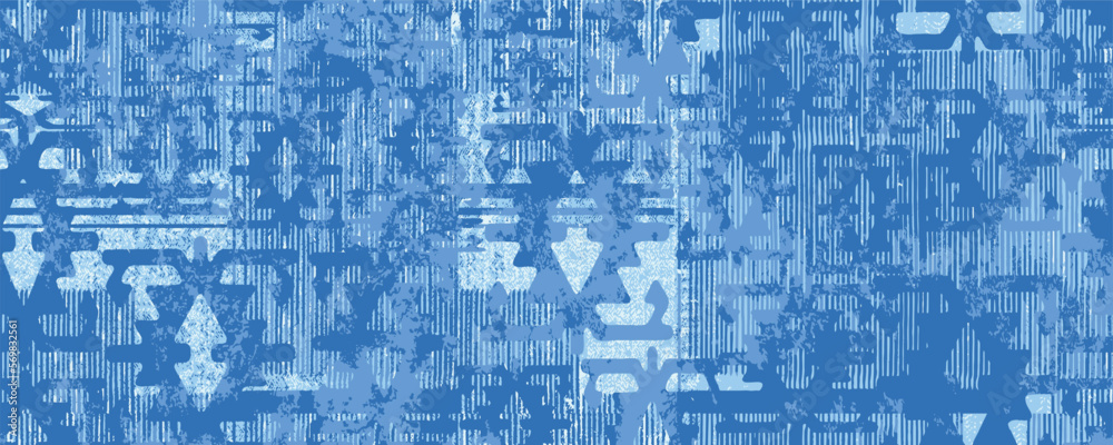 Ikat Tie Dye Seamless Pattern. Ink Geometric Art Print. Ethnic Monochrome Embroidery Imitation. Indigo Blue and Beige Contemporary Watercolor Japan Design. Shibory Rhombus Minimalism