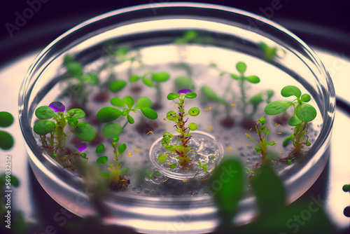 Microclones of plants of various crops, vegetables, fruits, etc., grown seedlings and sprouts in a Petri dish, genetic experiments, hybrids, macro view. Generative AI technology.