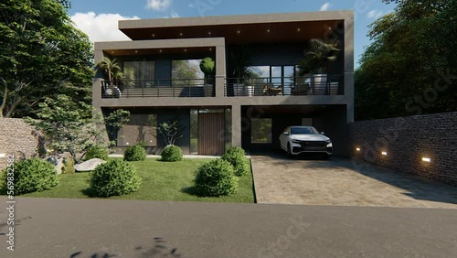 Luxurious modern house in dark colors with a convenient driveway and a garage, 3d render.