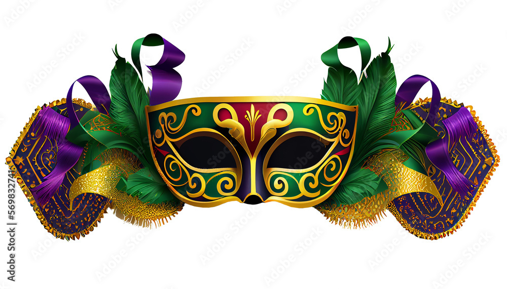 Colorful festive Grouping of mardi gras, venetian or carnivale mask, feathers, beads, ribbons and confetti. Party design for banner, poster, template, flyer and invitation. Generative AI - obrazy, fototapety, plakaty 