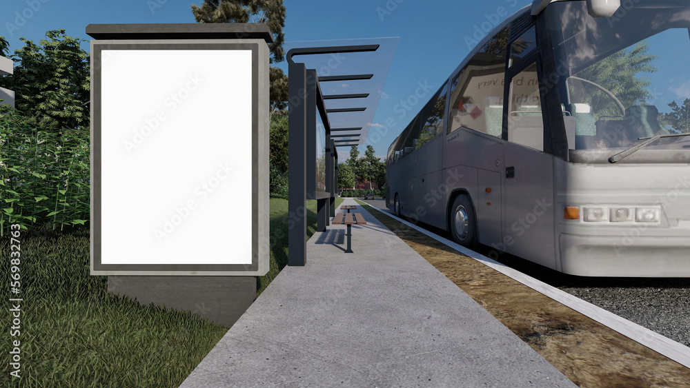 Bus at the bus stop, advertising billboard close-up, 3d render.