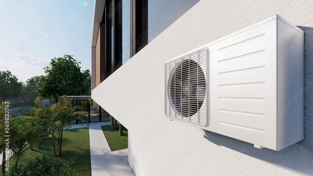 Air conditioner on the wall of the house close-up, 3d render. Air conditioner on the wall of the house close-up, 3d render.