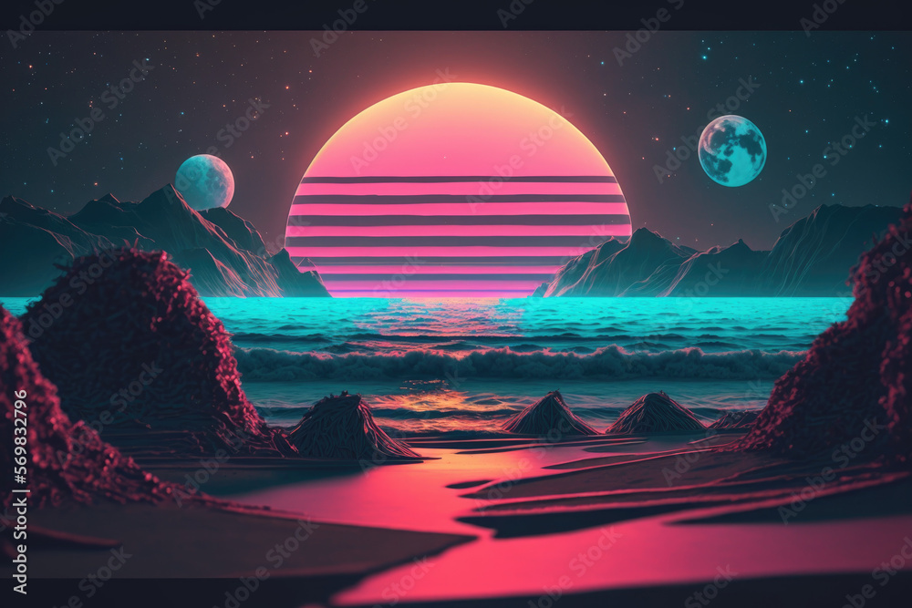 Retro futuristic synthwave retrowave styled night Beach with sunset on background, bluish mood, 80's - Generative A Retro futuristic synthwave retrowave styled night Beach with sunset on background, bluish mood, 80's - Generative A