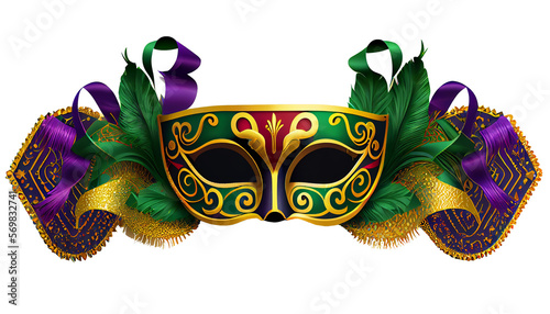 Colorful festive Grouping of mardi gras, venetian or carnivale mask, feathers, beads, ribbons and confetti. Party design for banner, poster, template, flyer and invitation. Generative AI