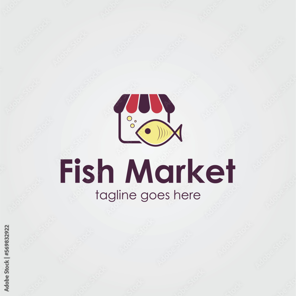 Fish Market Logo Design Template with a fish icon and store icon. Perfect for business, company, mobile, app, restaurant, etc