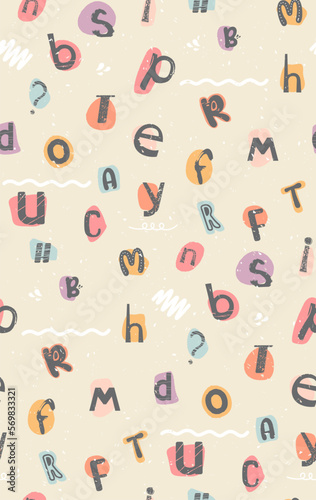 Vector seamless pattern with colorful latin alphabet with scratches